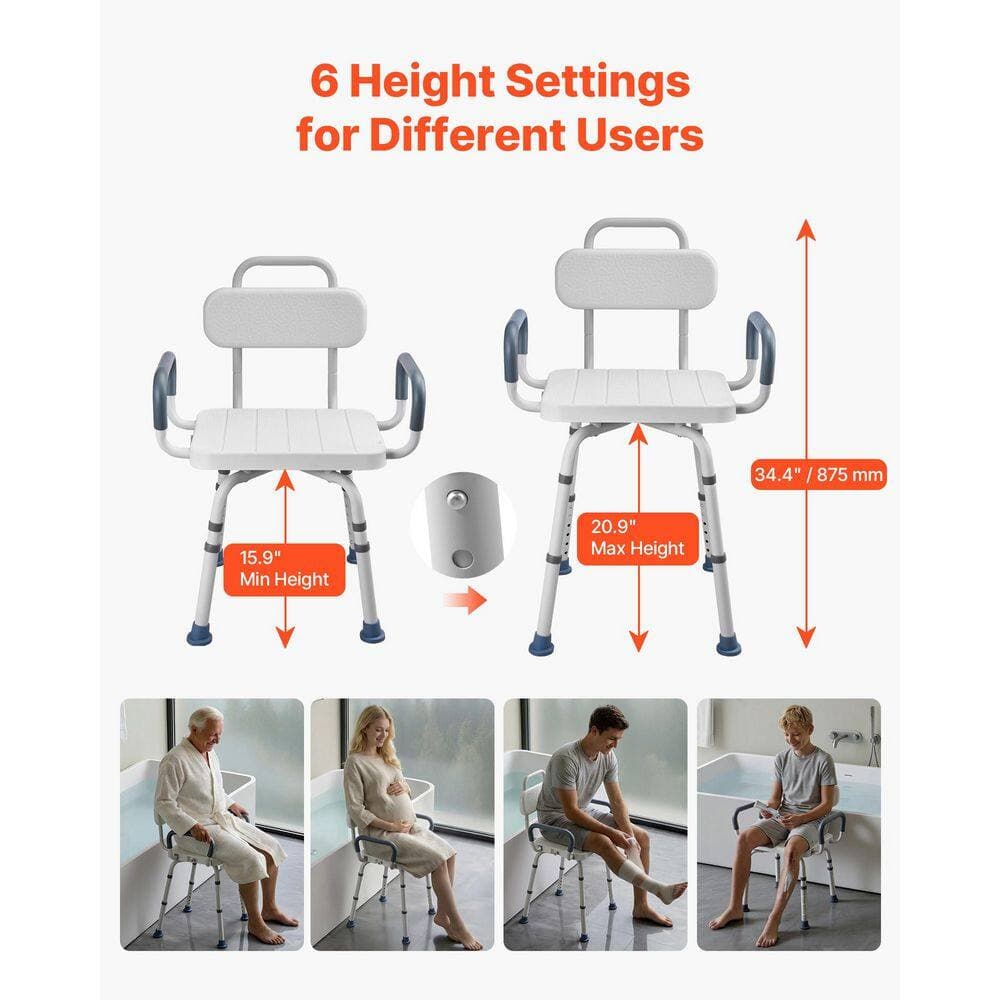 VEVOR 19.5 in. W Freestanding Tub Transfer Bench with Arms and Back in White, Adjustable Height, Supports up to 400 lbs. (3)