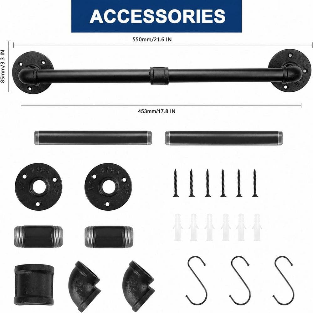 Unbranded 18 in. Industrial Pipe Iron Bathroom Towel Bar Wall Mounted Rustic Black Heavy Duty Drill Install Holder (2)