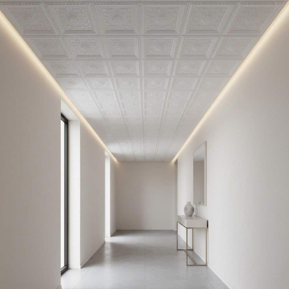 FROM PLAIN TO BEAUTIFUL IN HOURS 223 Economy Gloss White 2 ft. x 4 ft. PVC Lay-in Faux Tin Ceiling Tile (80 sq.ft./case) (2)