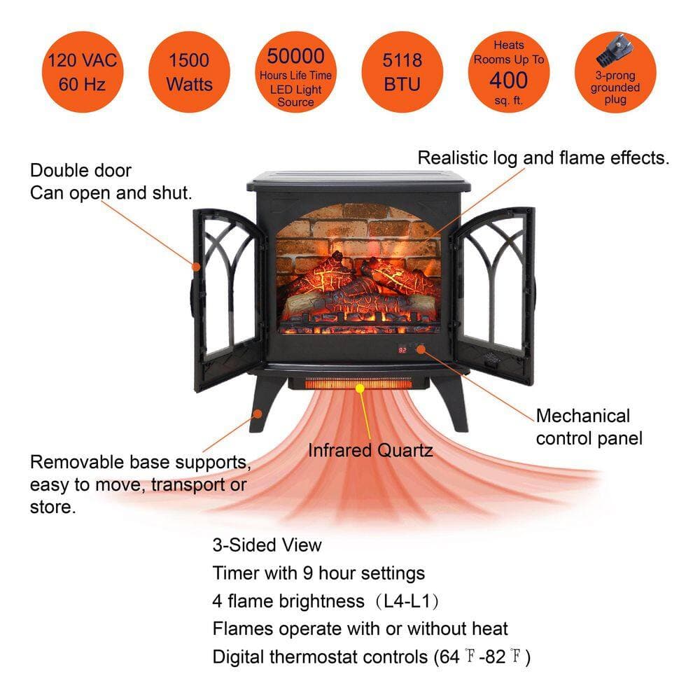 Runesay 23.7 in. 1500-Watt Black 5000 BTU Freestanding Electric Fireplace Utility Convection Infrared Space Heater with Remote (2)