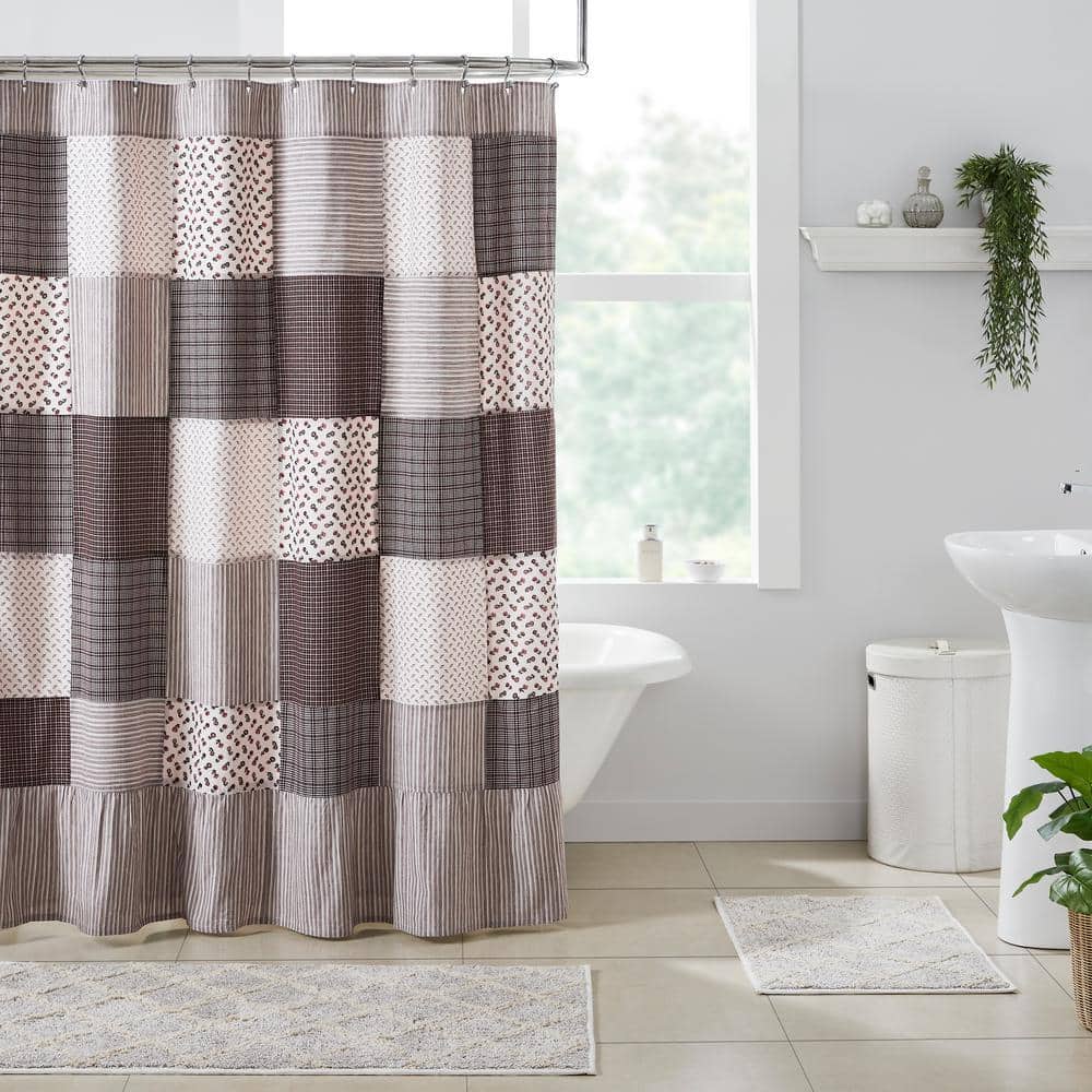 VHC BRANDS Florette 72 in Light Taupe Brown Mauve French Country Patchwork Shower Curtain (3)