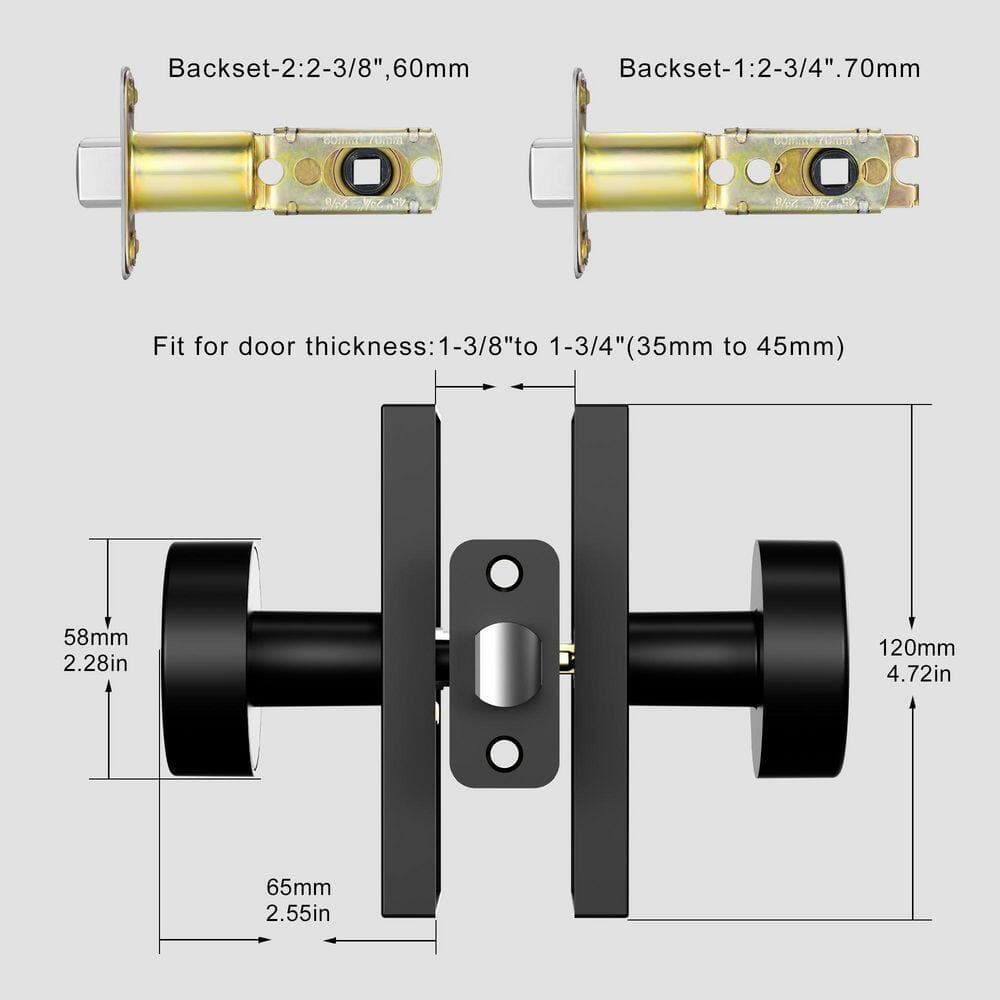 Senyhardware Modern Metal Matte Black Interior Hall/Closet Unkeyed Passage Door Knob with Round Knob and Rectangular Backplate (3)