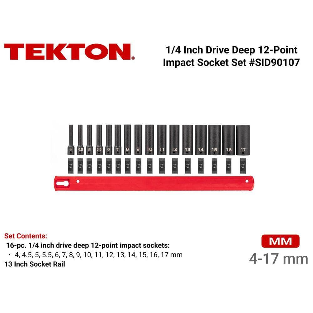 TEKTON 1/4 Inch Drive Deep 12-Point Impact Socket Set with Rail, 16-Piece (4-17 mm) (2)