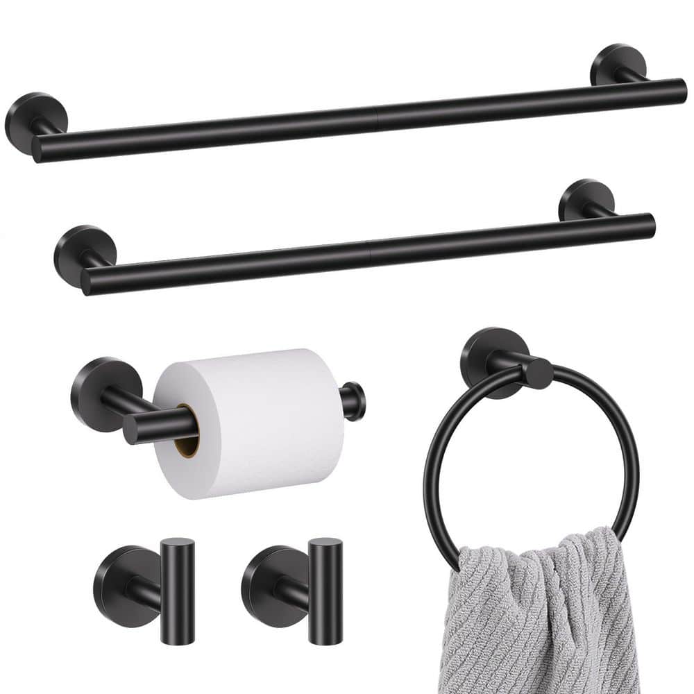Anqtovp 6-Piece Matte Black Bathroom Hardware Set with Towel Bars, Ring, Hooks, Toilet Paper Holder in Matte Black (3)