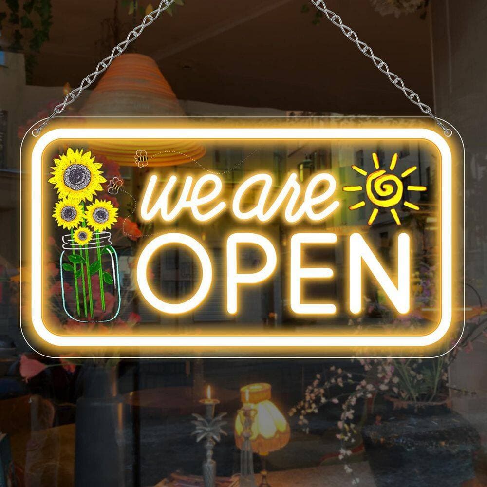 Afoxsos Open Sign Flower Sun Print Acrylic Panel Neon Light Warm White ON/OFF Switch Adapter for Window Bar Salon Shop (3)