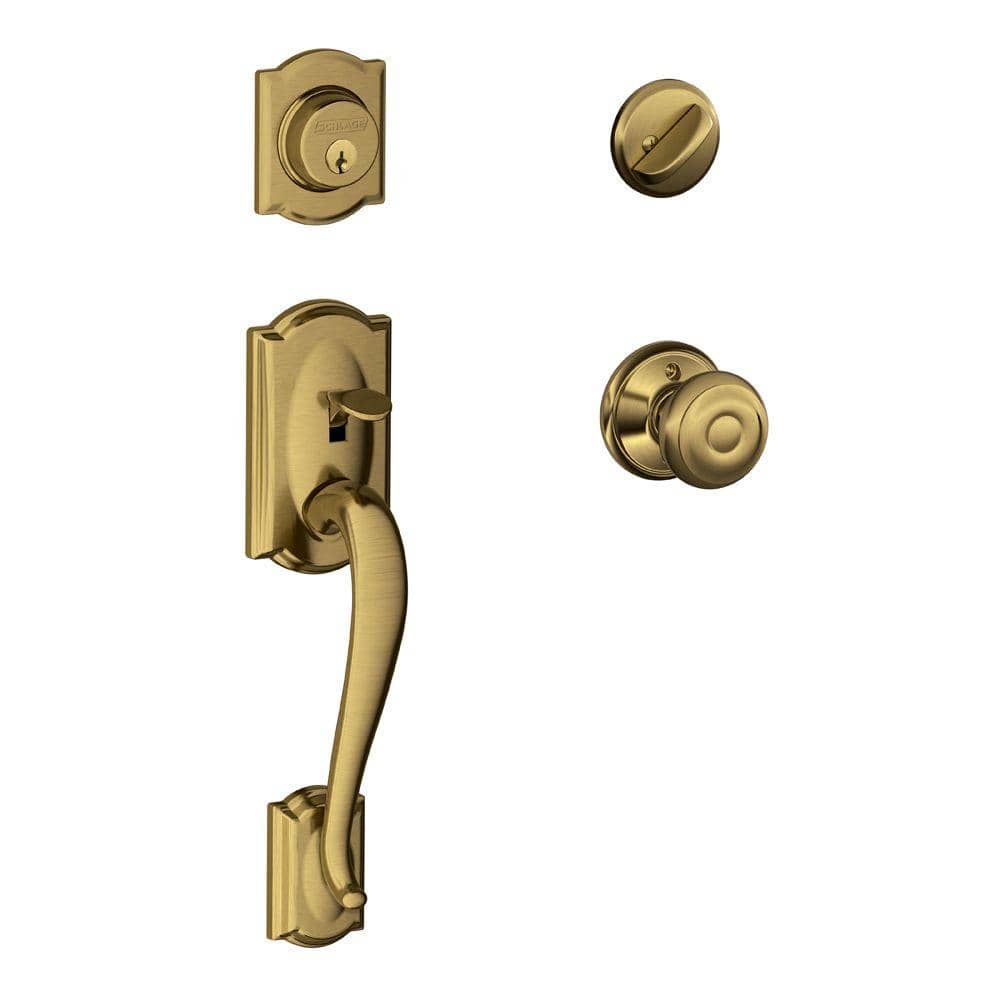 Schlage Camelot Antique Brass Single Cylinder Door Handleset with Georgian Knob (2)