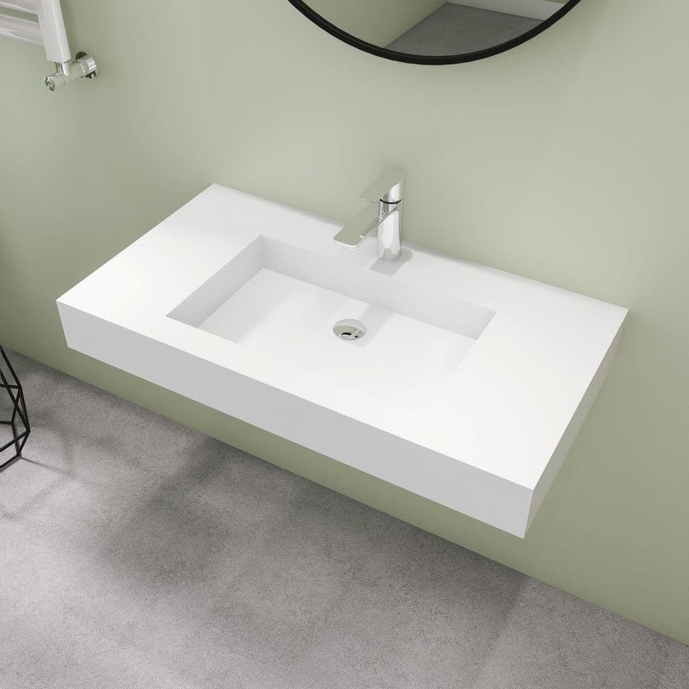 SJ STAR&JANE 35 in. Wall Mount Rectangle Vessel Sink with Faucet Hole, Solid Surface Bathroom Vessel Sink (1)