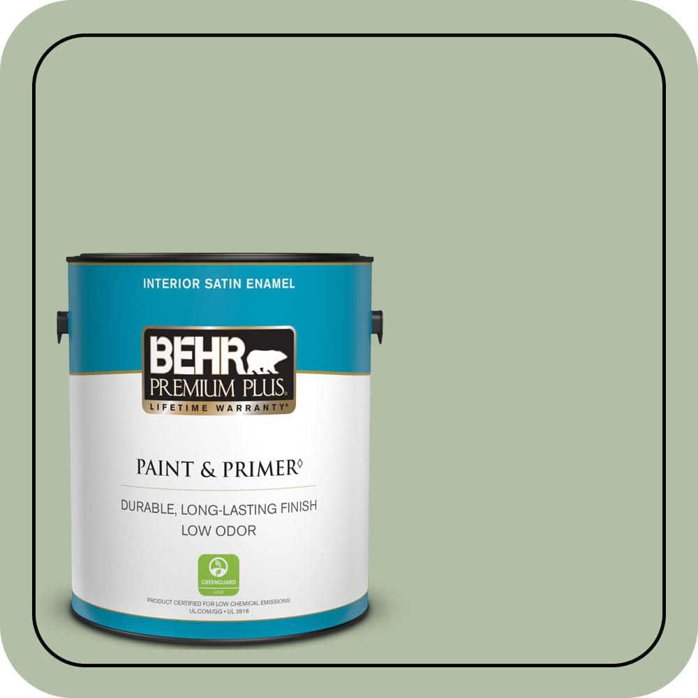 BEHR PREMIUM PLUS 1 gal. #S390-3 Creamy Spinach Satin Enamel Low Odor Interior Paint & Primer
