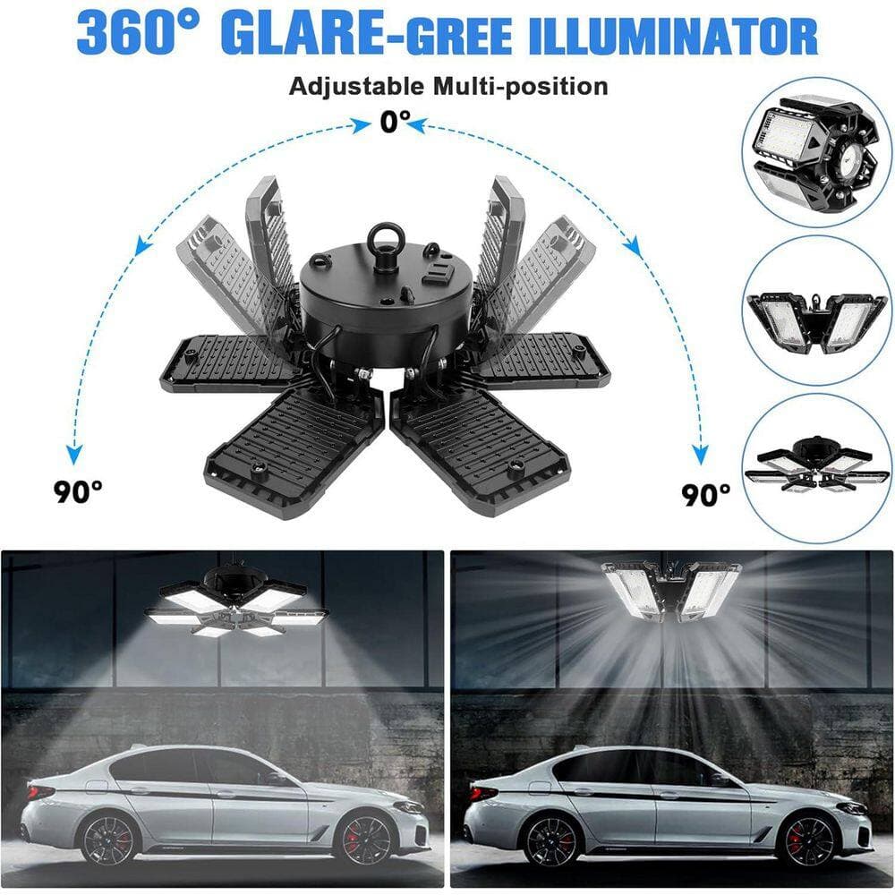 Lukyamzn 18000 Lumen LED Garage Ceiling Lights 180-Watt 6500K with 6 Plus 1 Deformable Panels 2-Pack for E26/E27 Socket (2)