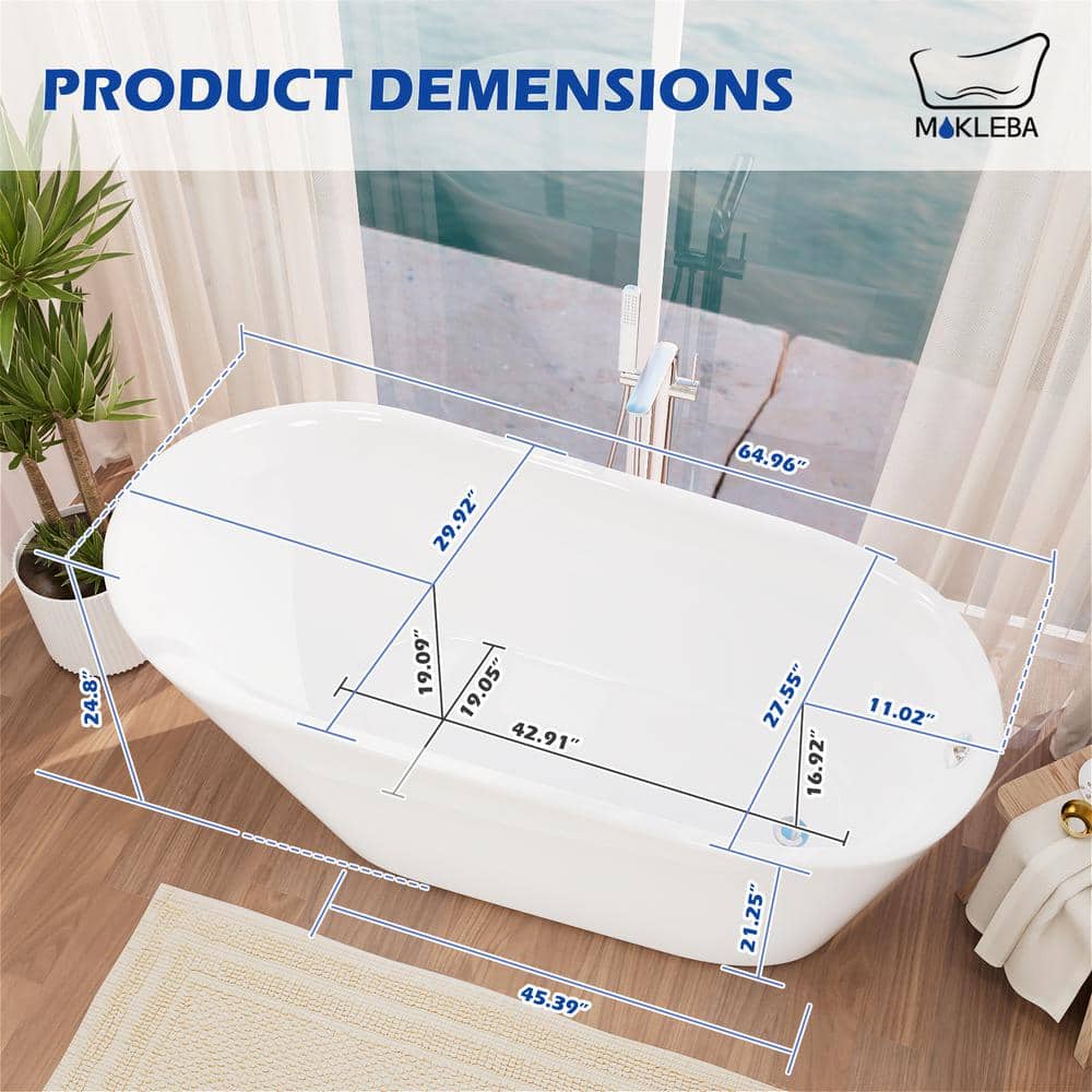 Mokleba Practical 30 in. Acrylic Freestanding Single Slipper Soaking Bathtub FlatBottom w/Polished Chrome Drain (4)