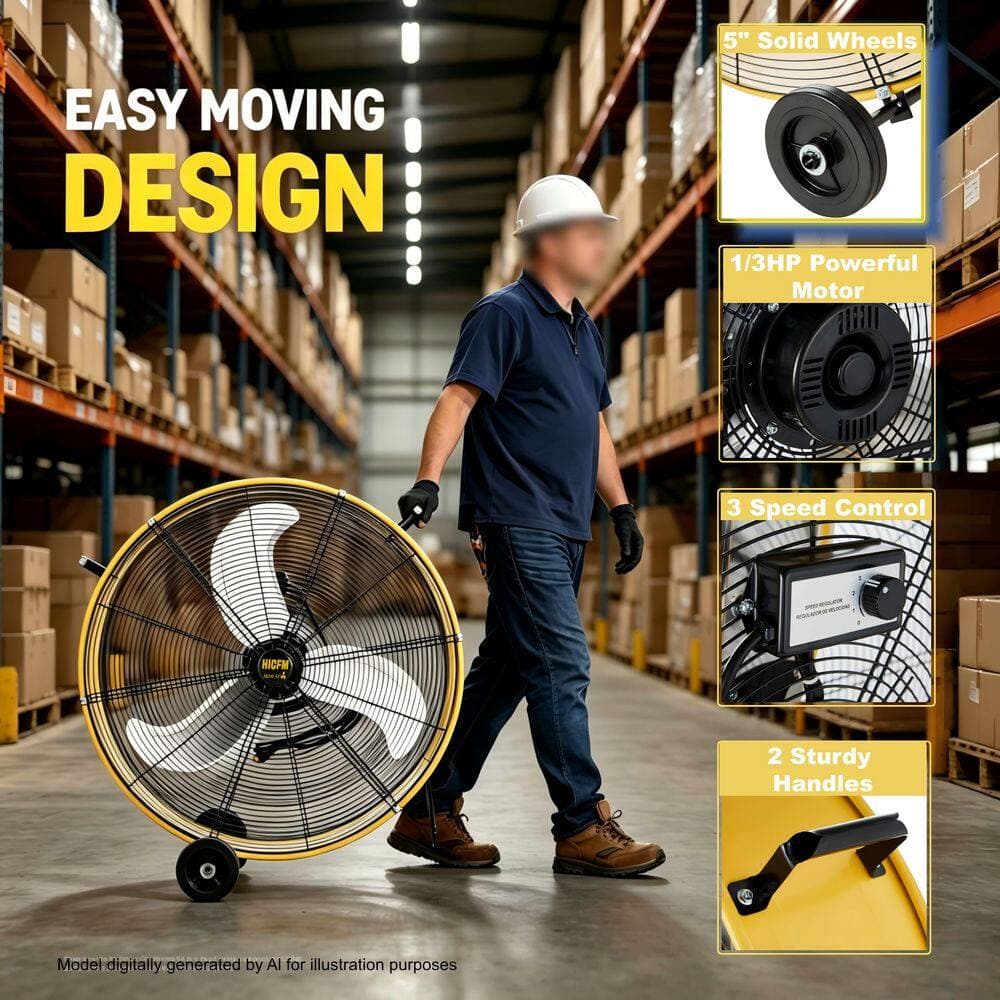 Atemomen 30 in. 3-Speeds Heavy Duty Drum Fan in Yellow with Powerful 1/3HP Motor, Commercial or Industrial Fan (2)