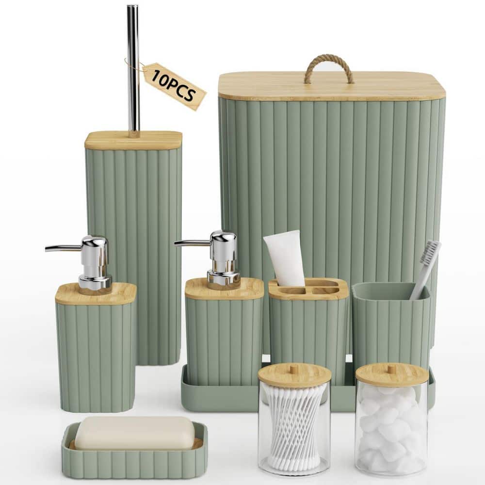 Wudkey 10-Piece Bathroom Accessory Set with Toilet Brush Trash Can Soap Dispenser in Sage Green for Vanity Countertop Restroom