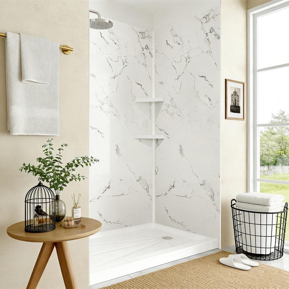 ishower X Marble 60 in. x 32 in. x 96 in. 3-Piece Acrylic Full Shower Wall Set in White Marble (2)
