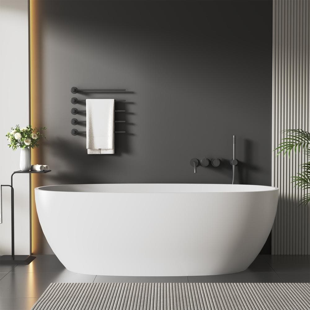 COWINER 67 in. Matte White Solid Surface Stone Resin Freestanding Flatbottom Soaking Bathtub with Center Drain