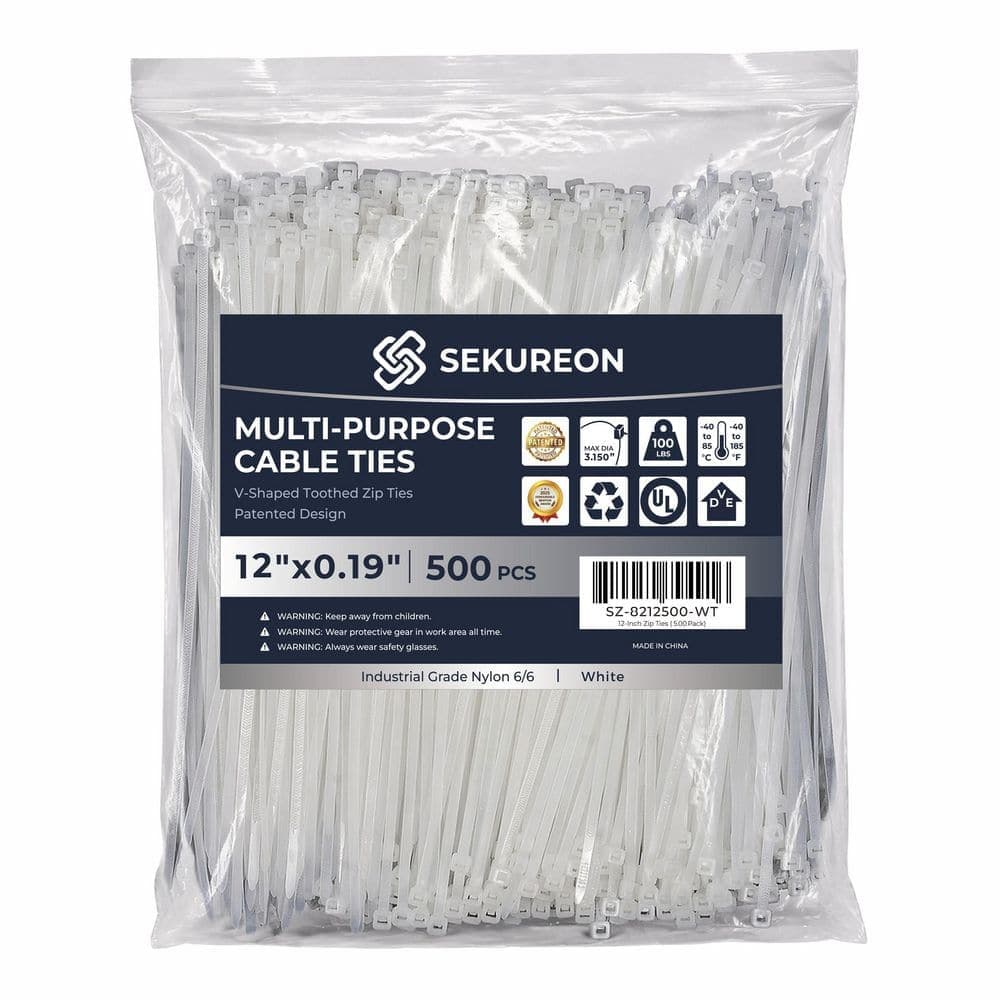 SEKUREON 12 in. Zip Ties Double Sided Toothed 100 lbs. Tensile Strength Heavy Duty Cable Wire Ties Nylon Tie Wraps White 500-Pack