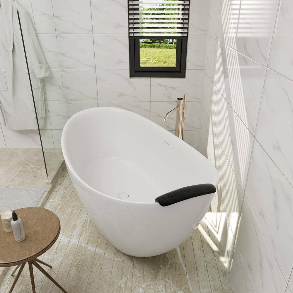 Dimakai 67 in. x 34 in. Solid Surface Soaking Bathtub with Center Drain and Pillow in Matte white (2)