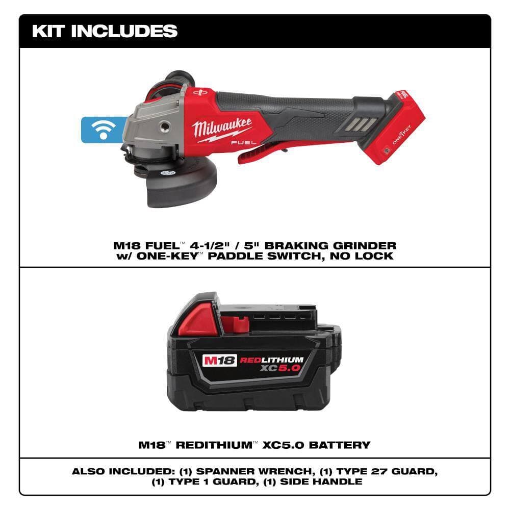 Milwaukee M18 FUEL 18V Lith-Ion Brushless Cordless 4-1/2 in. /5 in. Braking Grinder w/ Switch & 0 Ah Battery (3)