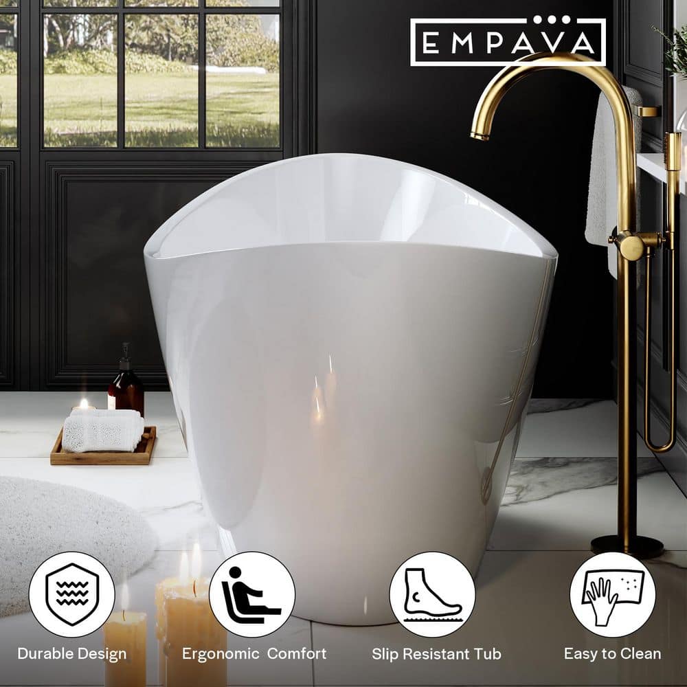 Empava 59 in. x 29.5 in. Freestanding Flat Bottom Bath Tub Oval Soaking Bathtub with Center Drain in White (2)