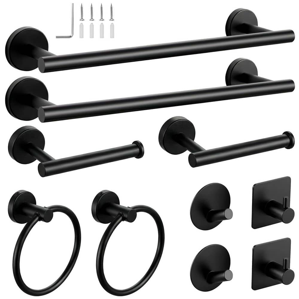 Anqtovp 10-Piece Bathroom Accessories Set with Towel Bars, Towel Rings, Toilet Paper Holders in Matte Black Finish (1)