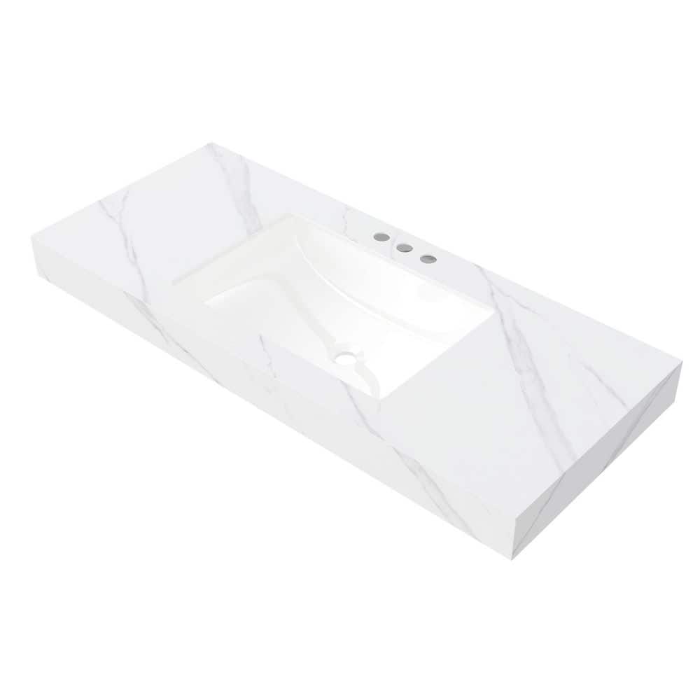Unbranded 48 in. Undermount Bathroom Sink in White Sintered Stone Countertop with Ceramic Basin and 3 Faucet Holes (1)