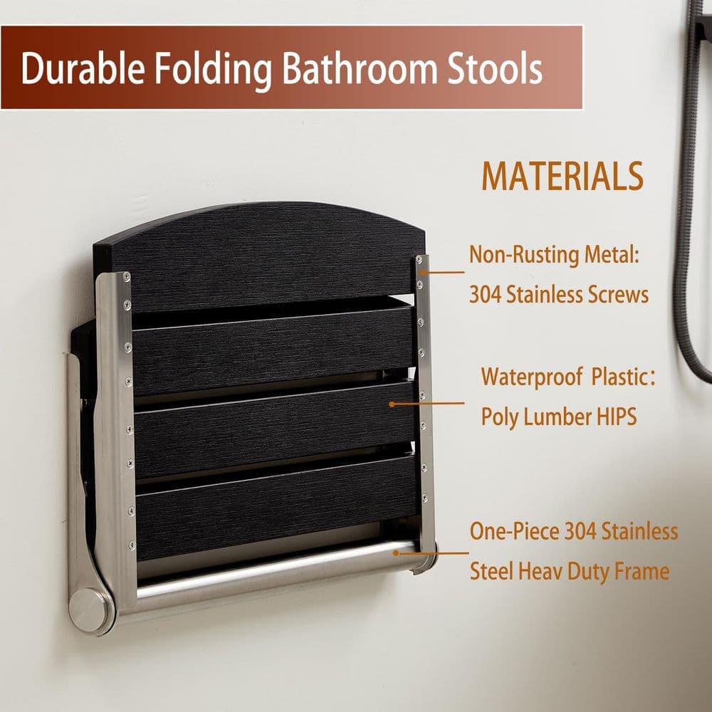 Wudkey 17.5 in. Wood Wall Mounted Folding Shower Seat in Black, Folding Shower Seat Bench for Bathroom (3)