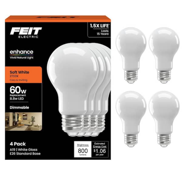 Feit Electric 60-Watt Equivalent A19 Dimmable Filament CEC 90 CRI White Glass E26 Medium LED Light Bulb, Soft White 2700K (4-Pack)