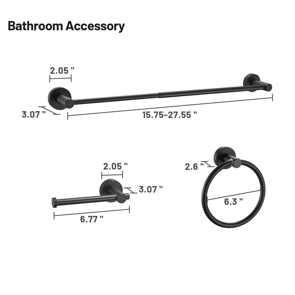 Heemli Modern Aluminum Bath Hardware Set with Retractable Towel Bar Towel Ring Toilet Paper Holder Black (4)