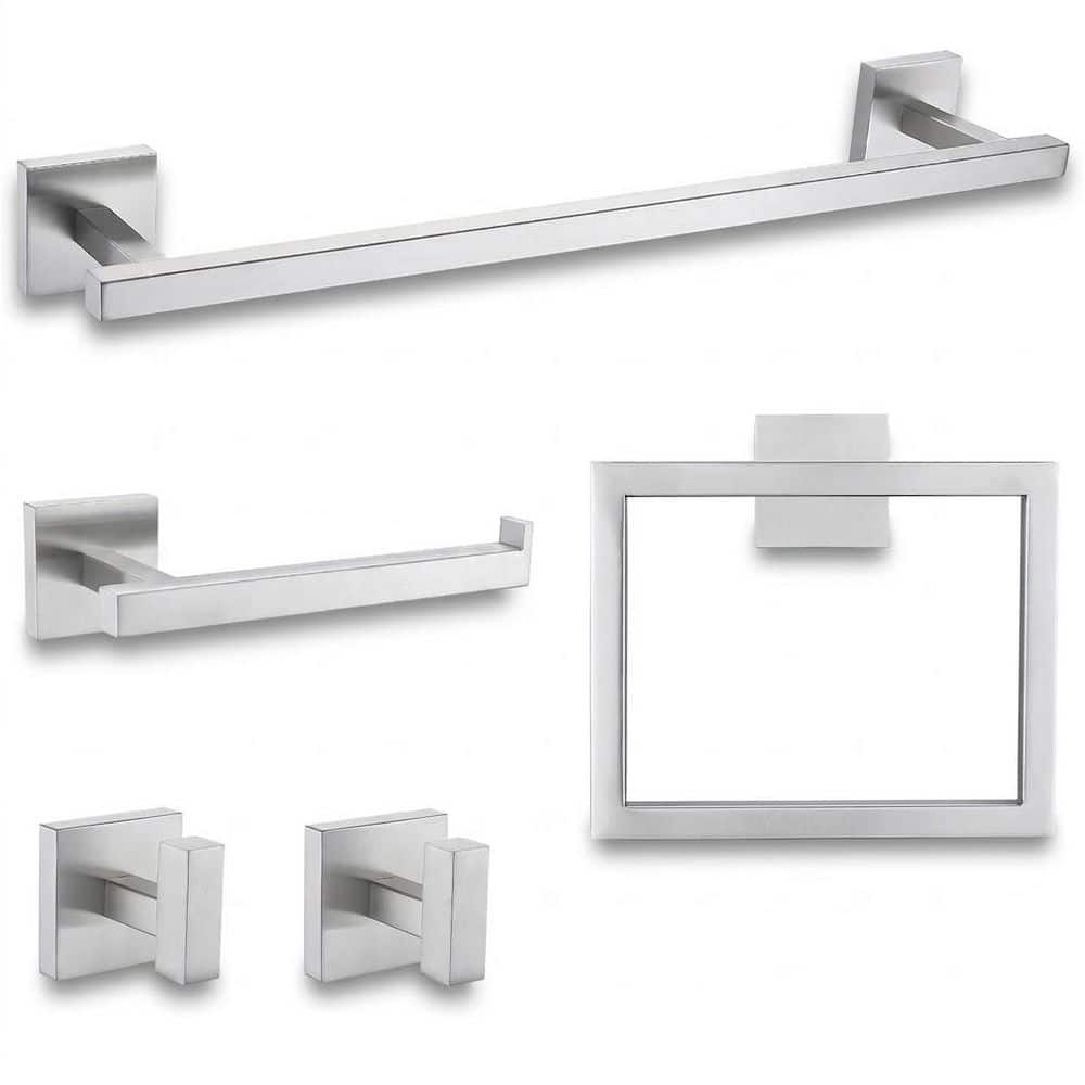 LAIFUCAM 5-Piece Bathroom Hardware Set with Towel Bar Ring Hook Toilet Paper Holder in Brushed Nickel Stainless Steel