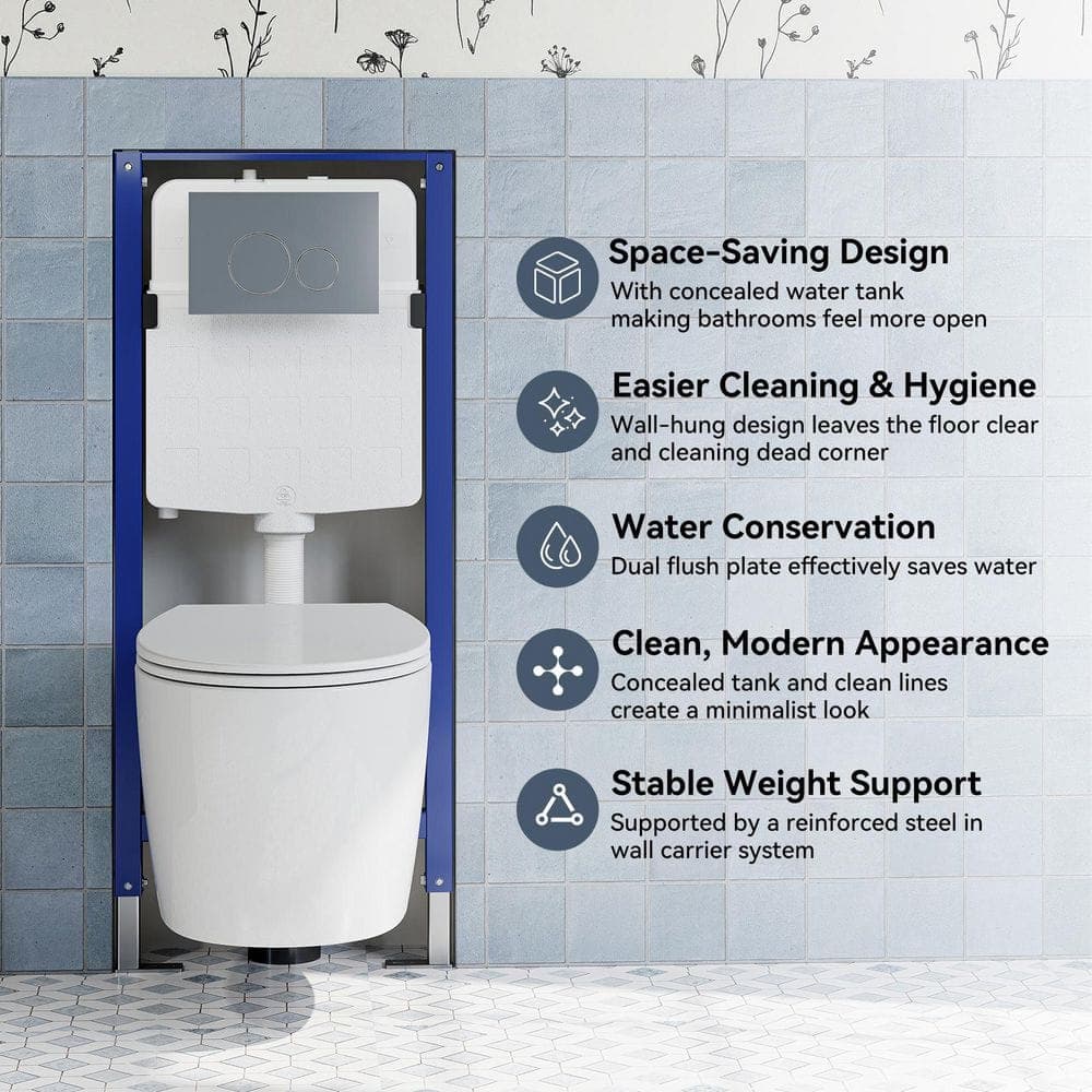 HOROW 1.1/1.6 GPF Dual Flush Elongated Wall Hung Toilet Combo in White with Concealed In-Wall Toilet Tank, Durable UF Seat (3)