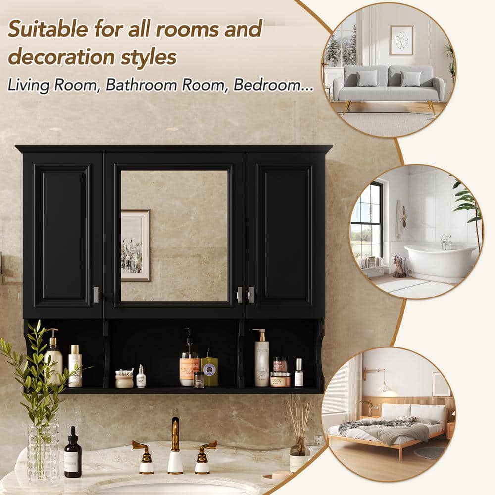 Sarlai 35 in. W x 28 in.H x 7.3 in. D Wall Mounted Bathroom Storage Wall Cabinet with Mirror and 2 Doors in Black (3)
