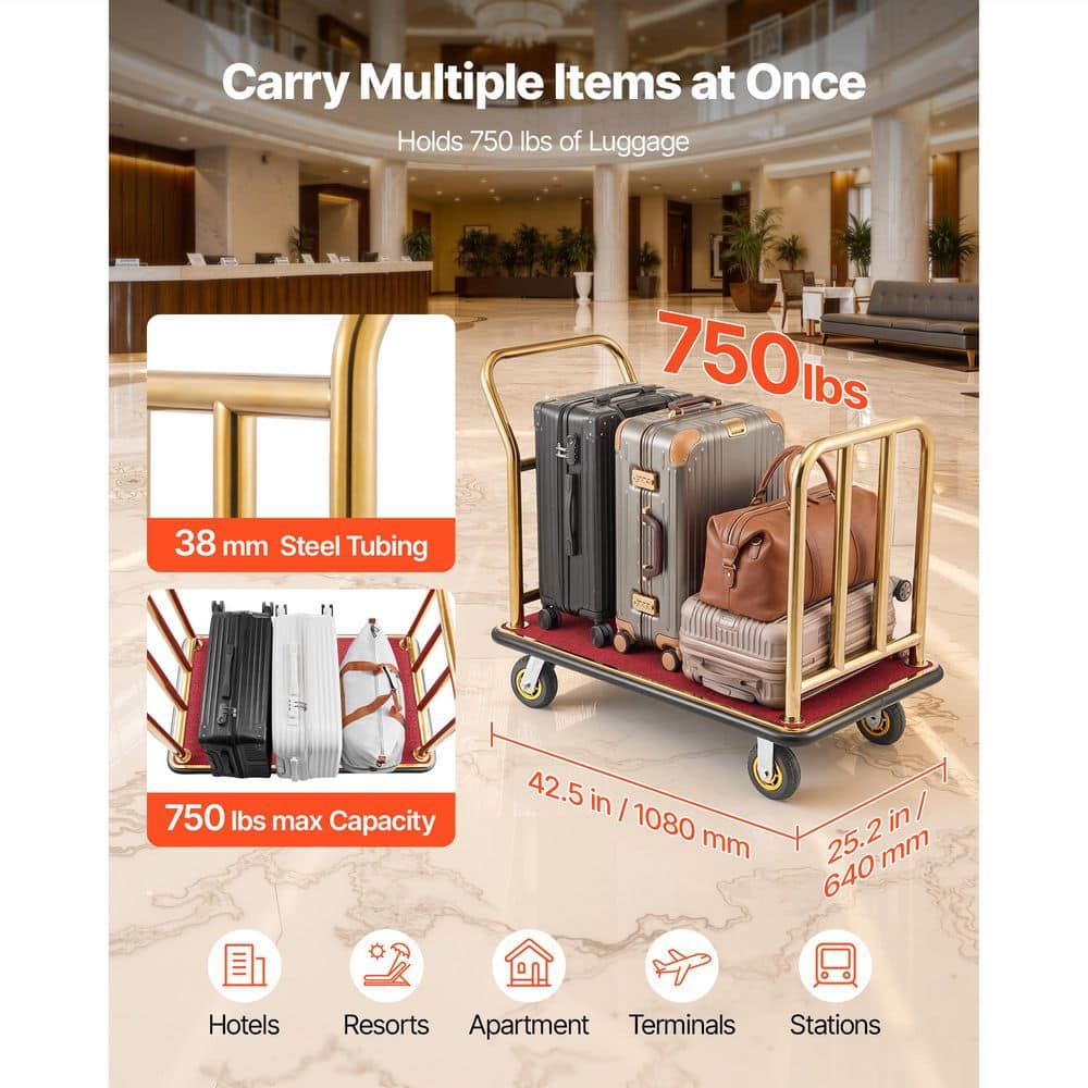 SKYSHALO Heavy Duty Hotel Luggage Cart, 750 lbs. Capacity, Stainless Steel Frame, Red Carpeted Platform, 6 in. Wheels for Resorts (2)