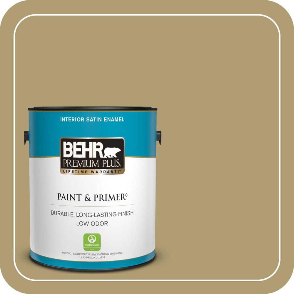 BEHR PREMIUM PLUS 1 gal. #QE-36 Golden Sage Satin Enamel Low Odor Interior Paint & Primer