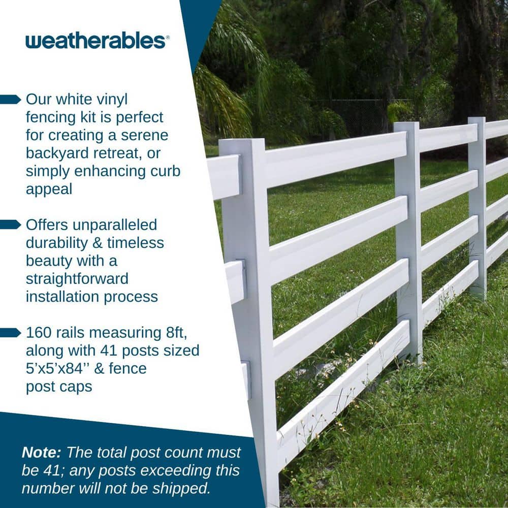 Weatherables 60 in. H x 320 ft. L 4-Rail White Vinyl Complete Ranch Rail Fence Project Pack (3)