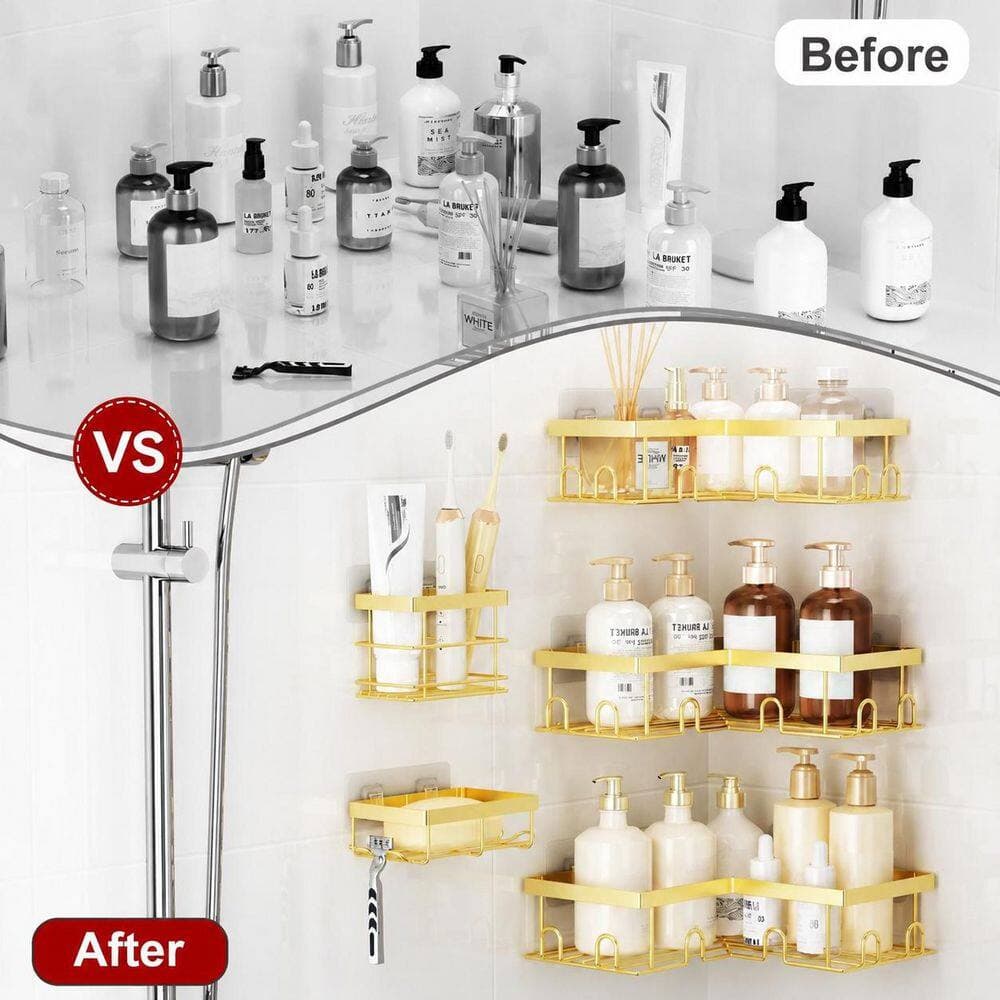 Anqtovp Adhesive Mount L-Shaped Rustproof Stainless Steel Shower Caddy with Soap and Toothbrush Holder in Gold 5 Pack (3)