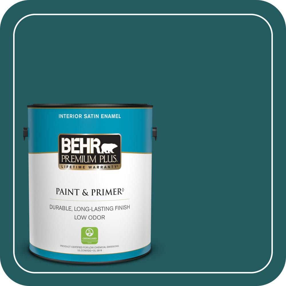 BEHR PREMIUM PLUS 1 Gal. #S450-7A Out to Sea Satin Enamel Low Odor Interior Paint and Primer (1)