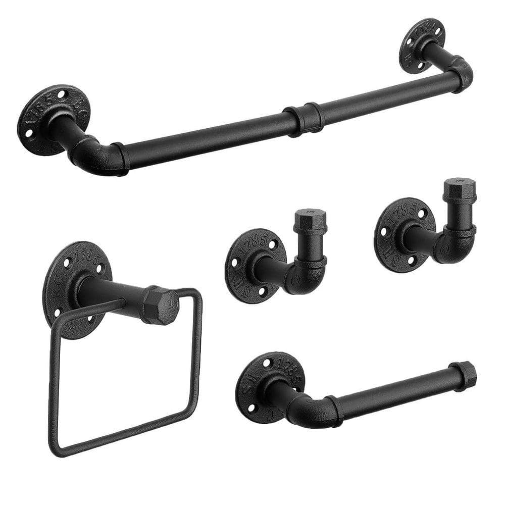 JFVKAF 5 Piece Bathroom Hardware Set with Towel Bar Towel Ring Toilet Paper Holder Robe Hooks in Black Finish (1)