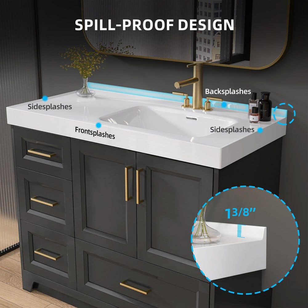 Zeafive Geb 43 in. W 22 in. D Solid Surface Rectangular Single Sink Vanity Top w/ Backsplash Right Basin 3-Faucet Holes (3)
