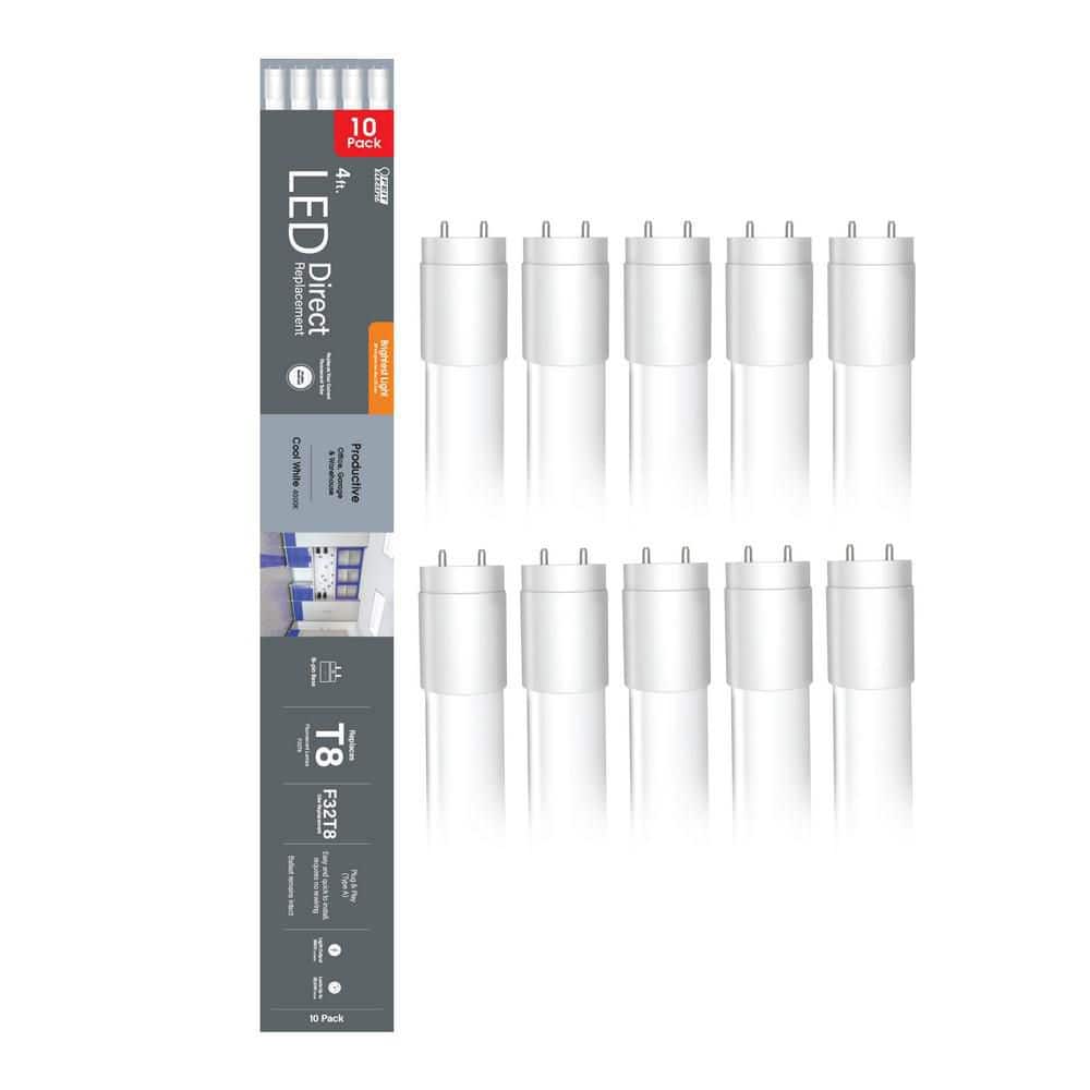 Feit Electric 32-Watt 4 ft. T8 G13 Type A Plug and Play High Output Linear LED Tube Light Bulb, Cool White 4000K (10-Pack)