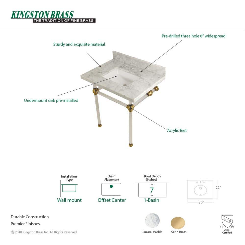 Kingston Brass Square-Sink Washstand 30 in. Console Table in Carrara Marble with Acrylic Legs in Brushed Brass (3)
