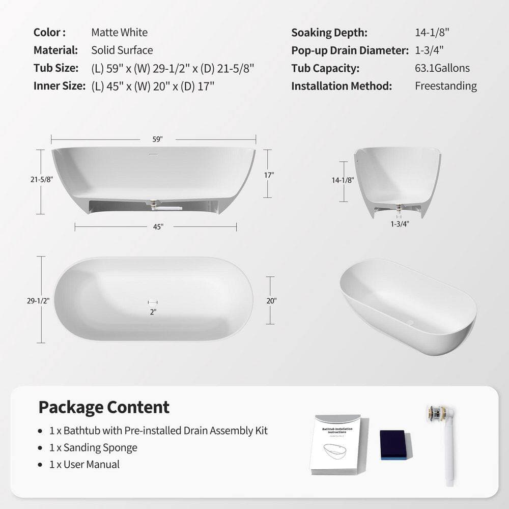 Abruzzo Stone Resin Solid Surface Freestanding Soaking Bathtub 59 in. x 29.5 in. with Drain and Overflow in Matte White (2)