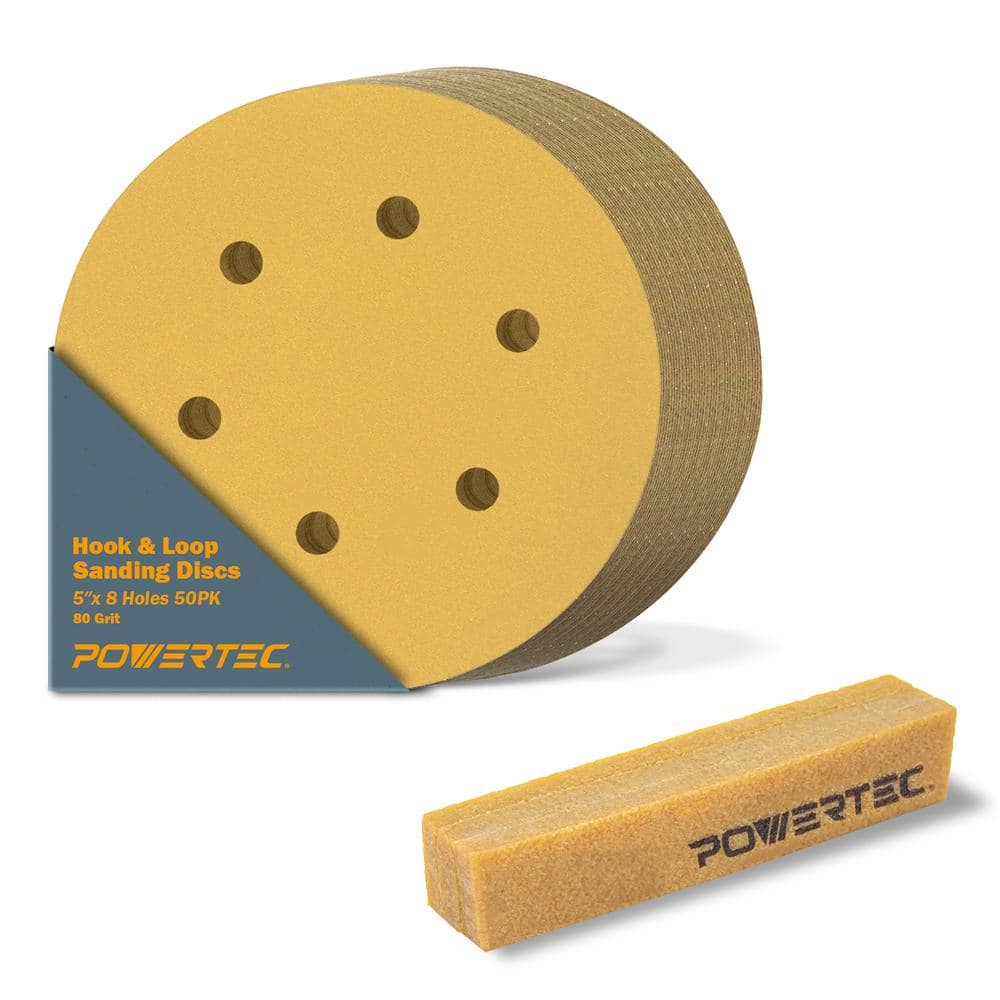 ‎POWERTEC 5 in. 8-Hole 80-Grit Hook and Loop Sanding Discs (50PK) with Abrasive Cleaning Stick (1)