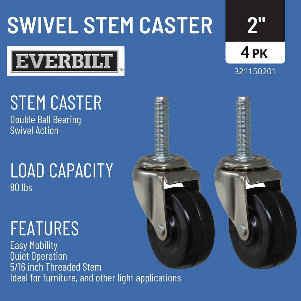 Everbilt 2 in. Black Soft Rubber and Steel Swivel Threaded Stem Casters with 80 lbs. Load Rating 12 Pack (2)