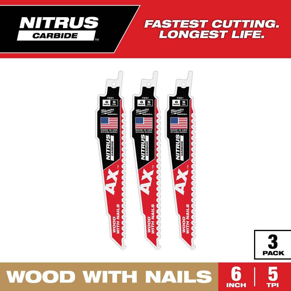 Milwaukee 6 in. 5 TPI NITRUS AX Carbide Teeth Demolition Nail-Embedded Wood Cutting SAWZALL Reciprocating Saw Blade 3PK (1)