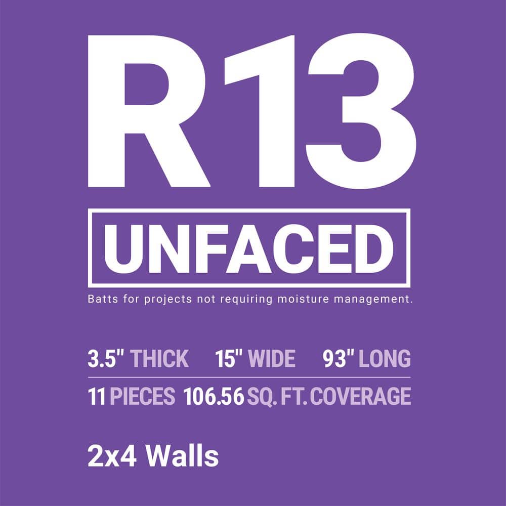 Owens Corning R-13 Unfaced Fiberglass Insulation Batt 15 in. x 93 in. (1 Bag) (3)