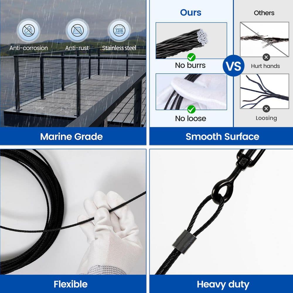 Laybus 400 ft. 1/8 in. Black Stainless Steel Cable Railing System, T316 Wire Rope 1800 lb. Breaking Strength for Indoor Outdoor (3)
