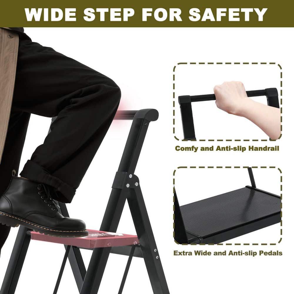 maocao hoom Black Foldable Non-Slip 5-Step Ladder 5 ft. Reach, Iron Step Stool, Load-Bearing 500 lbs., Step Ladder For Home Office (3)