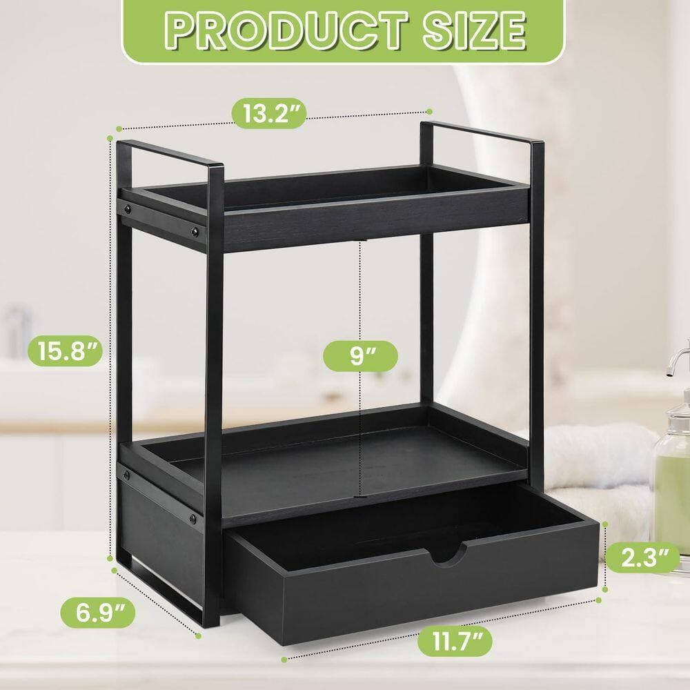 Wudkey 1-Piece Bathroom Accessory Set, 2-Tier Bathroom Organizer Countertop with Drawer, Wood Counter Shelf in Black (2)