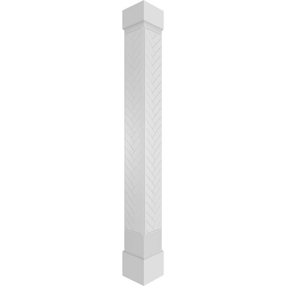 Ekena Millwork 11-5/8 in. x 9 ft. Premium Square Non-Tapered Herringbone Modern Fretwork PVC Column Wrap Kit w/Standard Capital & Base (1)