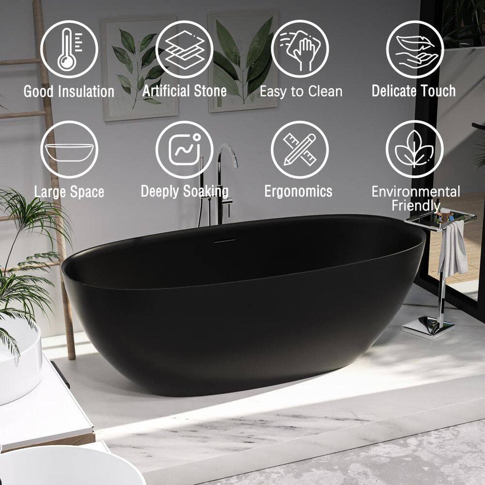 INSTER 65 in. x 29.5 in. Thin Edge Solid Surface Stone Resin Flatbottom Soaking Bathtub in Matte Black (2)