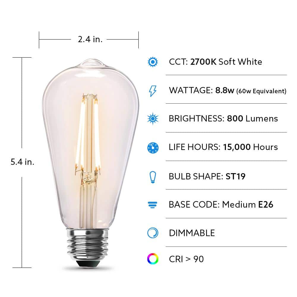 Feit Electric 60-Watt Equivalent ST19 Dimmable Straight Filament Clear Glass E26 Vintage Edison LED Light Bulb, Soft White (4-Pack) (4)